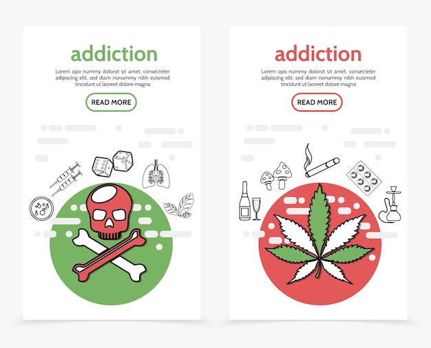 Free Vector harmful addictions vertical banners with skull crossbones syringes dice sick lungs marijuana tobacco