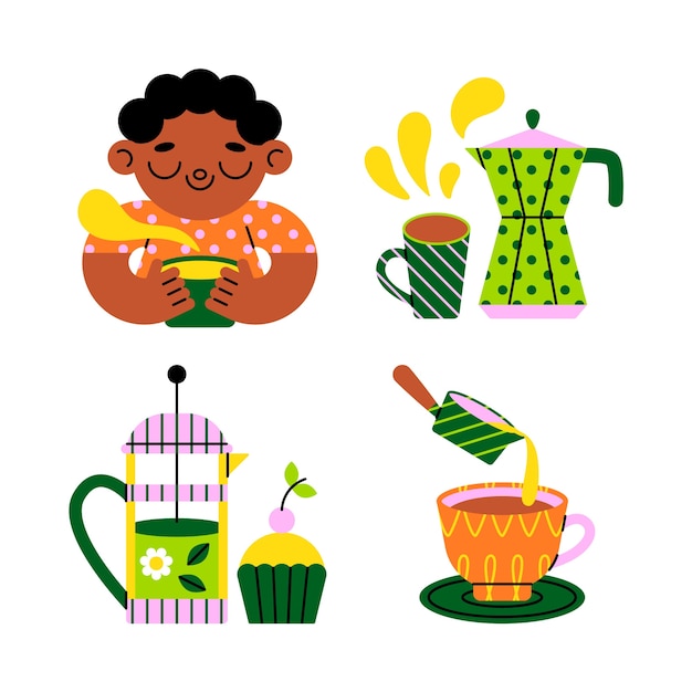 Free Vector harmony coffee and tea time stickers collection