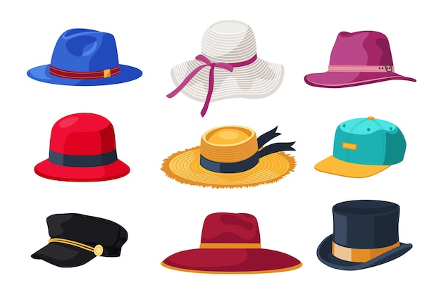 Free Vector hats and caps for men and women cartoon illustrations set. retro and modern male and female headgear, cowboy and summer straw hat isolated on white