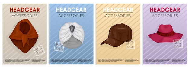 Free Vector hats poster set with four vertical compositions of editable text and images of various design headgear vector illustration