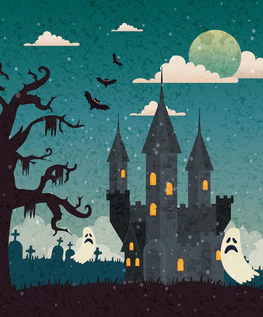 Free Vector haunted castle with cemetery and ghost in halloween scene