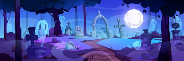 Haunted gothic cemetery at night