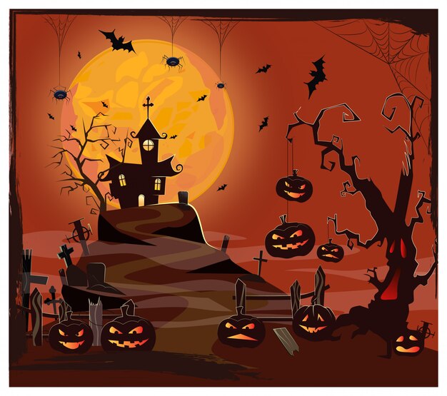 Haunted house against moon, cemetery and pumpkins