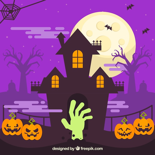 Free Vector haunted house background with pumpkins and zombie hand