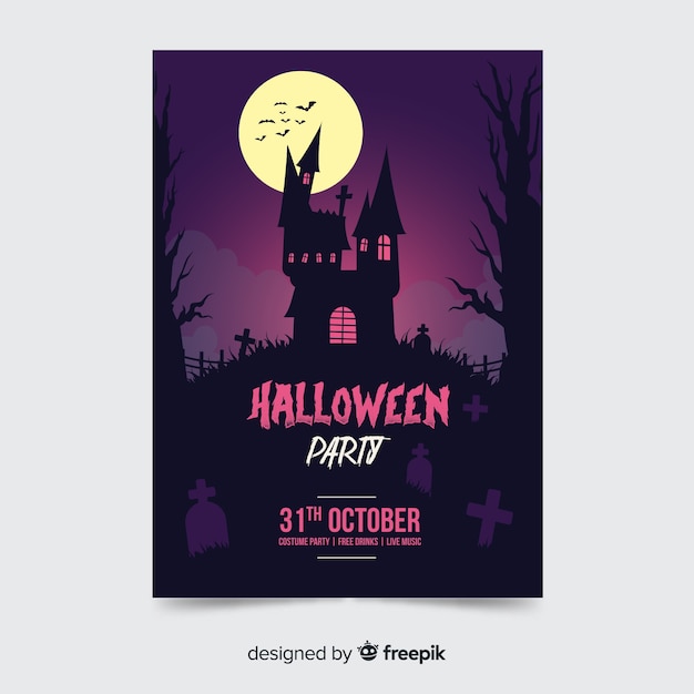 Free Vector haunted house halloween party poster template