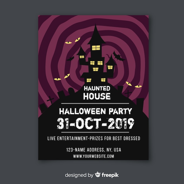 Free Vector haunted house with bats halloween flyer template