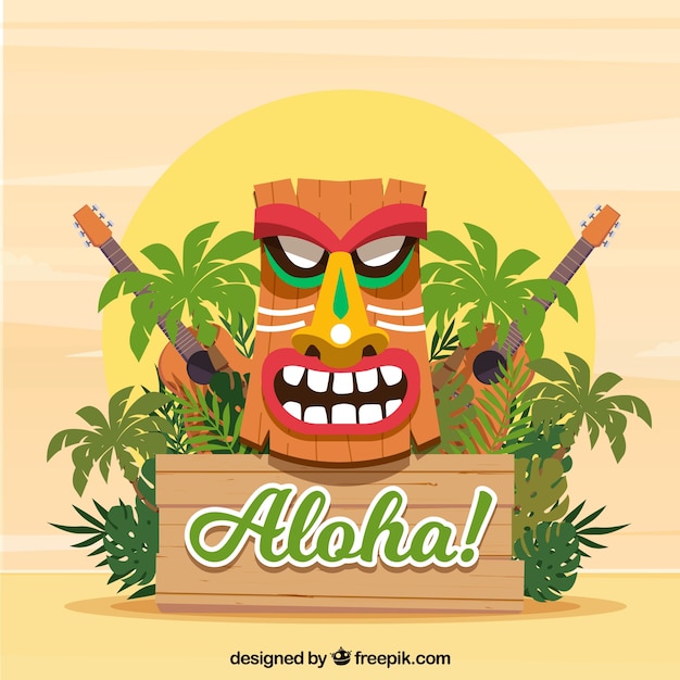 Free Vector hawaiian mask, plants and ukuleles