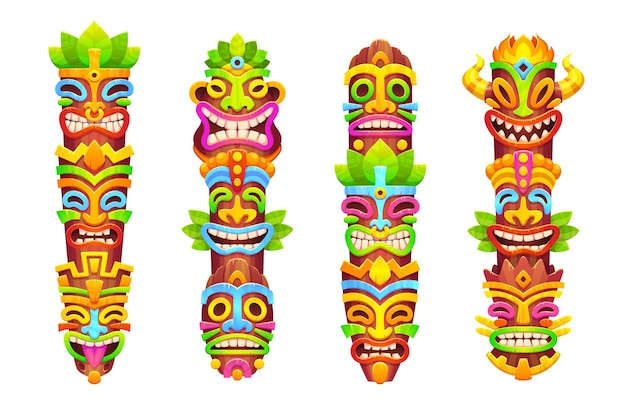 Hawaiian tribal totems with tiki masks on poles