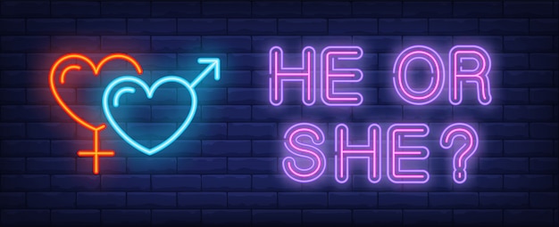 He or she neon text with heart shaped gender symbols