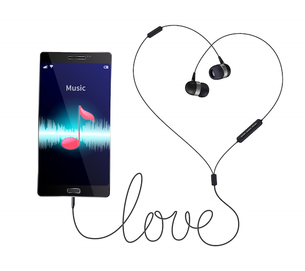 Free vector headphones earphones realistic composition with wired in-ear phones connected to smartphone with music player application illustration