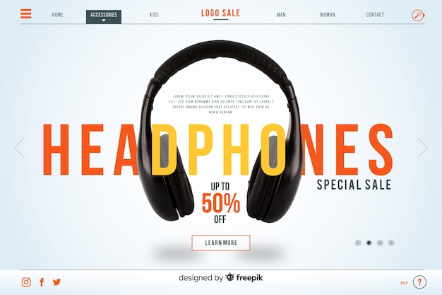 Free Vector headphones sale landing page with photo