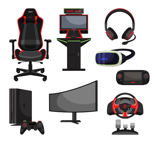 Free Vector headset with mic gaming chair television computer monitor console controller steering wheel joystick virtual reality glasses system unit pedal kit