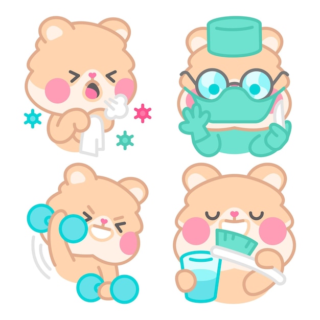 Free Vector health stickers collection with kimchi the hamster