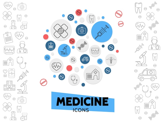 Healthcare line icons composition with plaster syringe dna microscope hospital stethoscope heartbeat