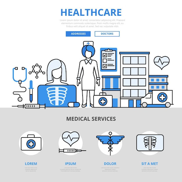 Healthcare medical service hospital reanimation treatment checkup cure concept flat line style.