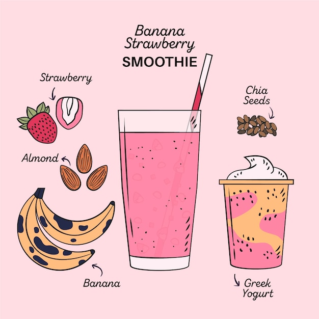 Free Vector healthy banana strawberry smoothie recipe illustration