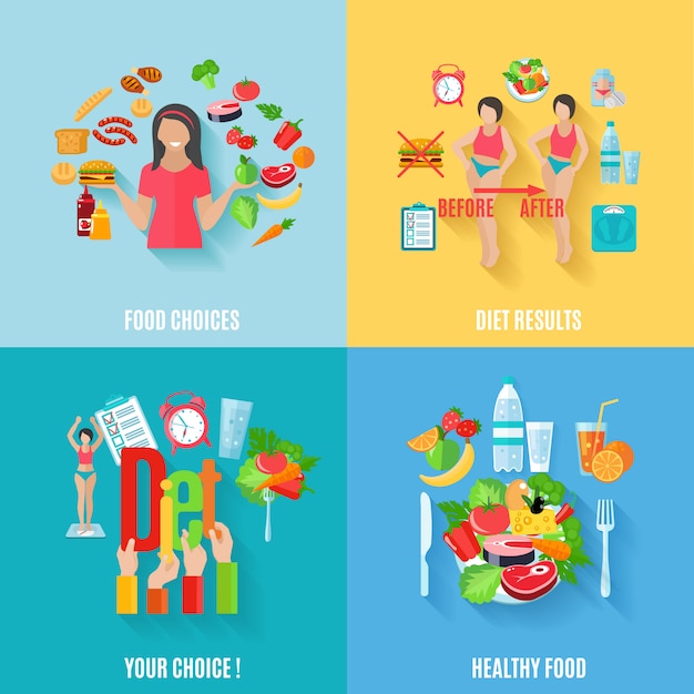 Healthy choices before and after diet results 4 flat icons square composition banner