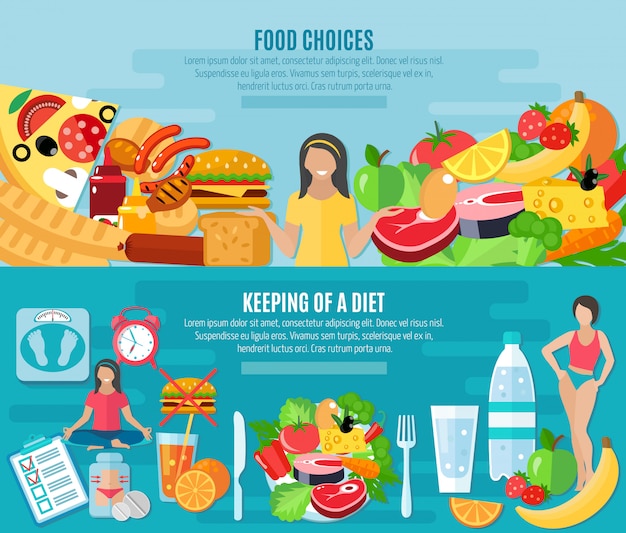 Healthy food choice for maintaining low fat diet 2 flat banners set abstract