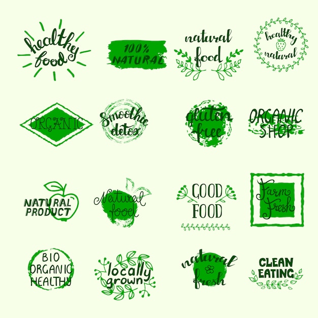 Free Vector healthy food labels set with bio eco and organic elements in green colors