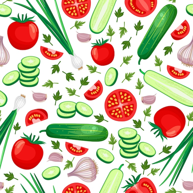 Healthy Food seamless pattern. Cucumber, tomato, onion and garlic. Vector Illustration