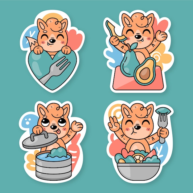 Free Vector healthy food stickers collection with fred the fox