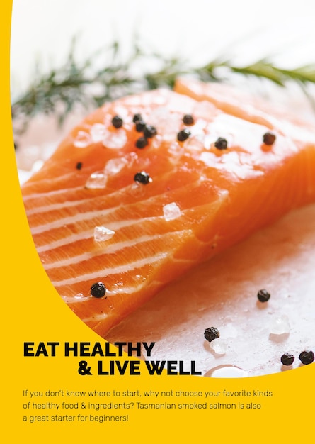 Free Vector healthy food template with fresh salmon marketing lifestyle poster in abstract memphis design