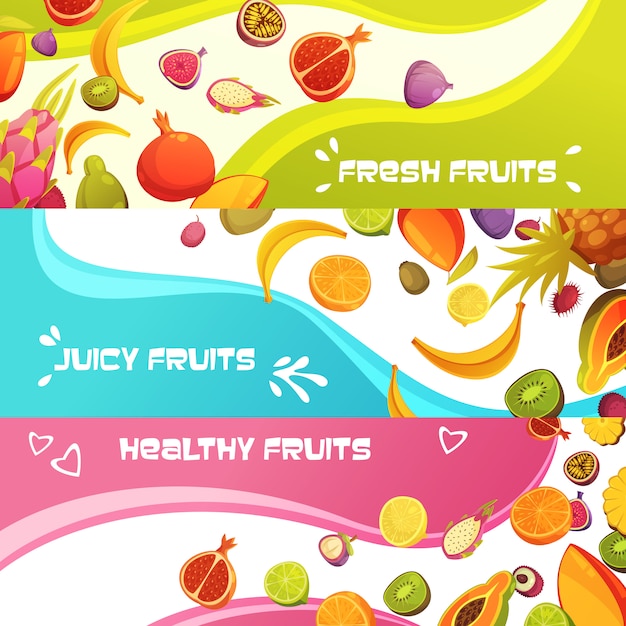 Healthy fresh fruits appetizing horizontal banners set with orange banana and pineapple