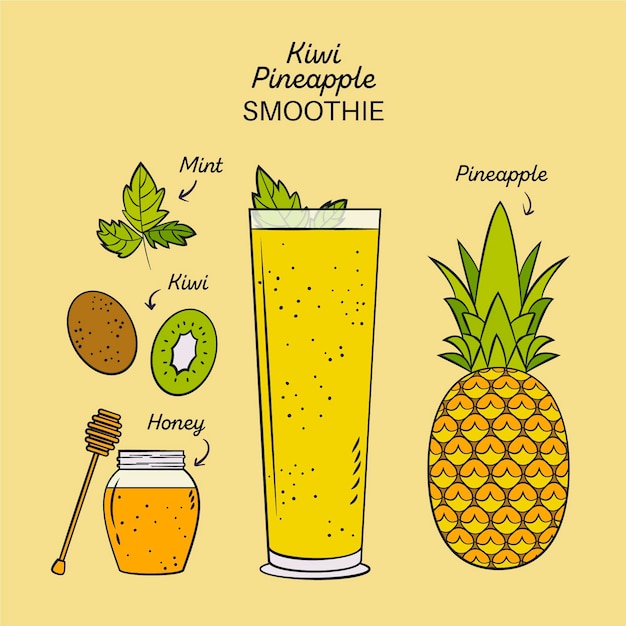 Free vector healthy kiwi pineapple smoothie recipe illustration