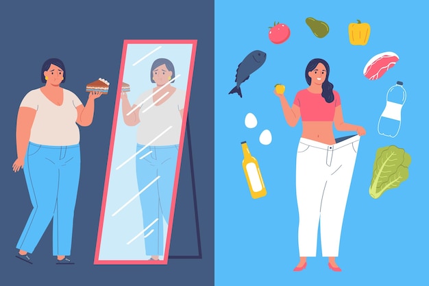 Healthy life design concept with fat woman holding peace of cake and thin woman trying healthy foods flat vector illustration