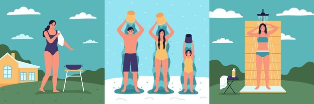 Healthy life hardening set of three outdoor compositions with family members swilling themselves with cold water vector illustration