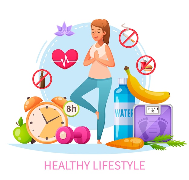 Healthy lifestyle habits cartoon composition with nonsmoking woman practice stress relieving yoga 8h sleep diet 