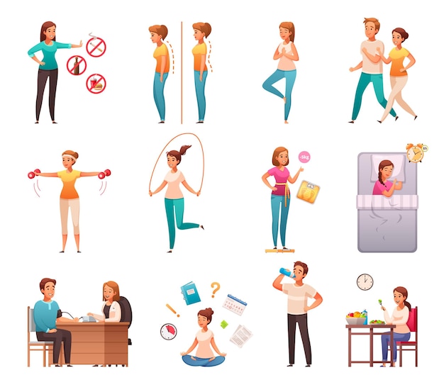 Healthy lifestyle habits cartoon icons set with avoiding junk food alcohol maintaining weight posture sleep vector illustration