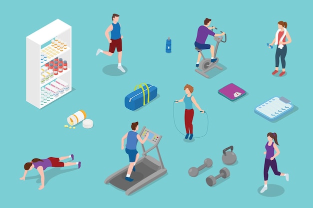 Healthy lifestyle people with some sport activity and tools with modern isometric style