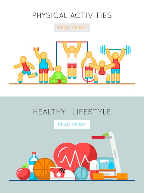 Healthy lifestyle and physical activity flat line banners. Training activity and physical health illustration