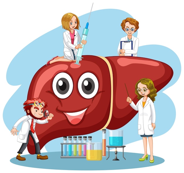 Healthy liver cartoon character with many doctors