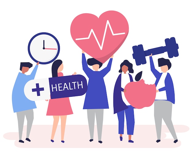 Free Vector healthy people carrying different icons 