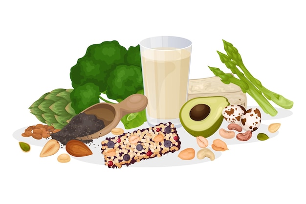 Free Vector healthy protein foods composition with isolated view of nuts greens eggs and bars on blank background vector illustration