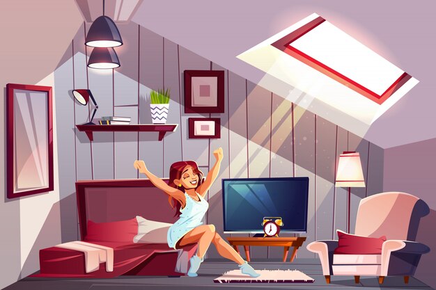 Healthy sleep cartoon concept with happy smiling woman in nightie