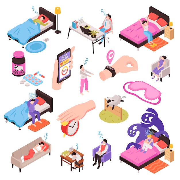 Free Vector healthy sleep set with bedtime symbols isometric isolated vector illustration