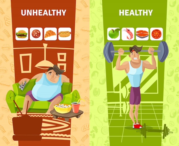 Healthy And Unhealthy Man Banners Set 