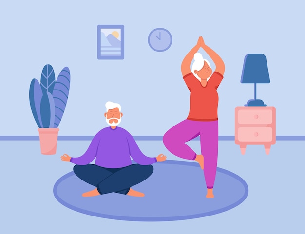 Healthy yoga exercises of elder couple. Happy senior man and woman stretching on mat, doing morning meditation together at home flat vector illustration. Active family lifestyle, sport concept