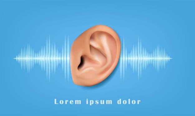 Hearing test banner background. Realistic 3d vector icon of human ear.