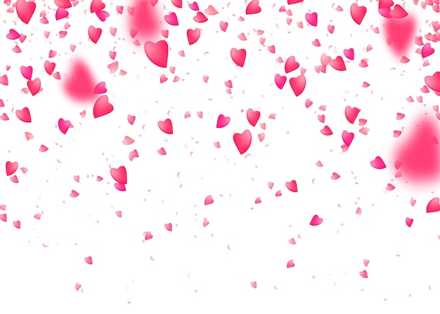 Heart confetti background. Falling from above pink love particles. Blurred petal.