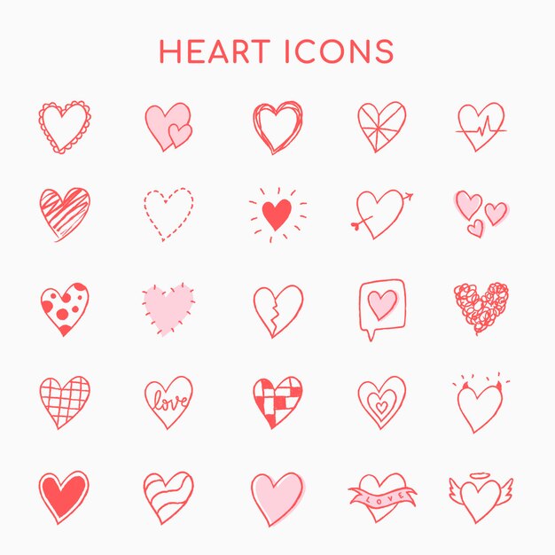 Heart icons, pink set vector in hand-drawn doodle style