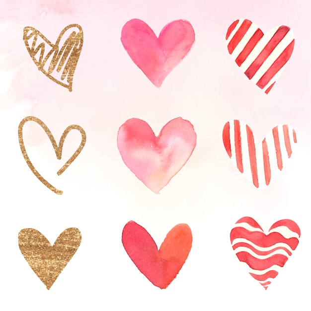 Free Vector heart icons watercolor illustration set