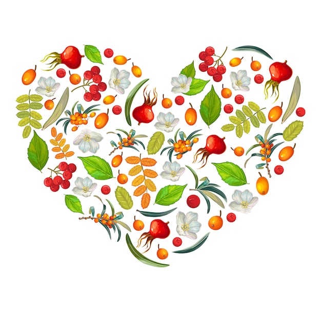 Free vector heart out organic berries and flowers.