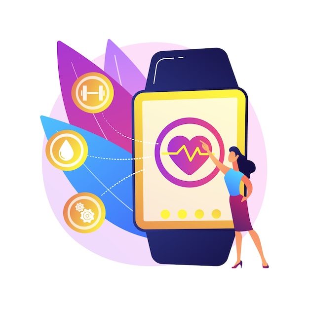 Heart rate on smartwatch. Portable pulse tracker. Wrist clock, watch with touchscreen, healthcare app. Fitness assistant. Gadget for workout.  isolated concept metaphor illustration.