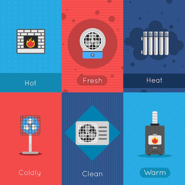 Heating and cooling mini poster set with hot fresh coldly clean warm air signs isolated vector illustration