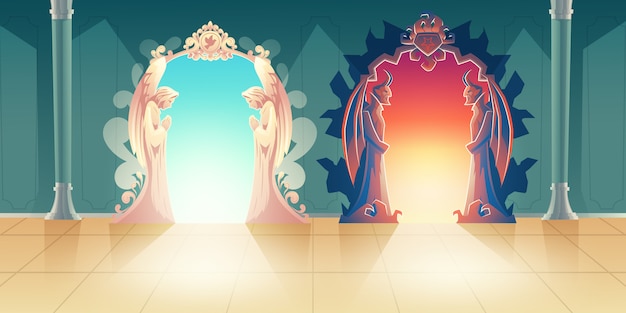 Free vector heaven and hell gates cartoon vector with humbly praying angels and scary horned demons meeting gues