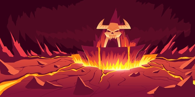 Hell landscape, infernal stone cave cartoon